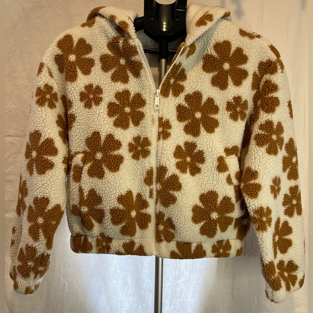 Women’s Wild Rose Los Angeles Full Zip Fleece Jacket Cream W/Brown Flowers Small
